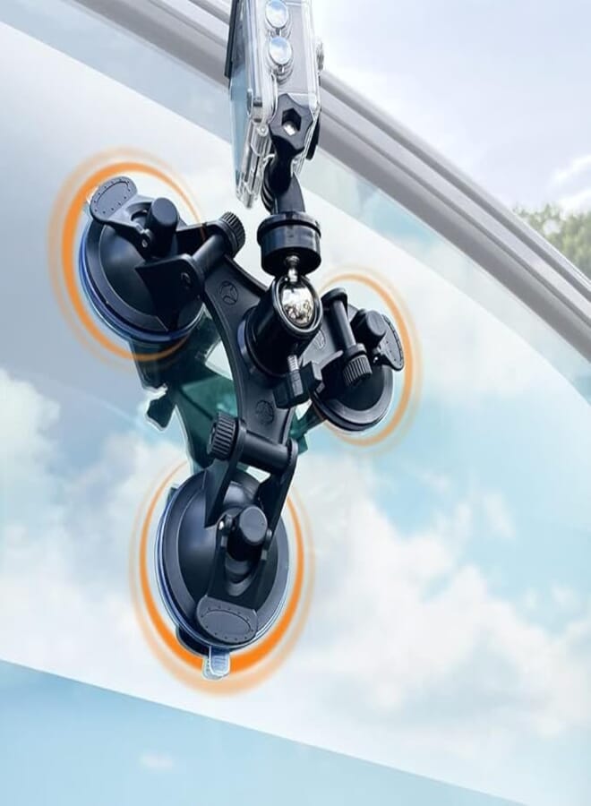 Azonee Triple Suction Cup Mount Holder, Action Camera Car Windshield Mount with 1/4 Threaded Head 360 Degree Tripod Ball Head and Screw, Compatible with GoPro, DJI OSMO, Akaso